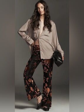 Hutch Velvet Burnout Floral Flare Pants Black Copper High Rise Boho Luxe Medium